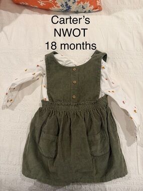 Carter's Olive Green Corduroy Pinafore with White Floral Top